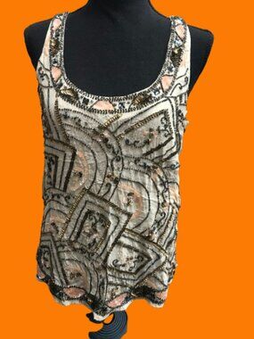 Lucky Brand Lucky legend Silk  Top blouse Cream Embellished Small